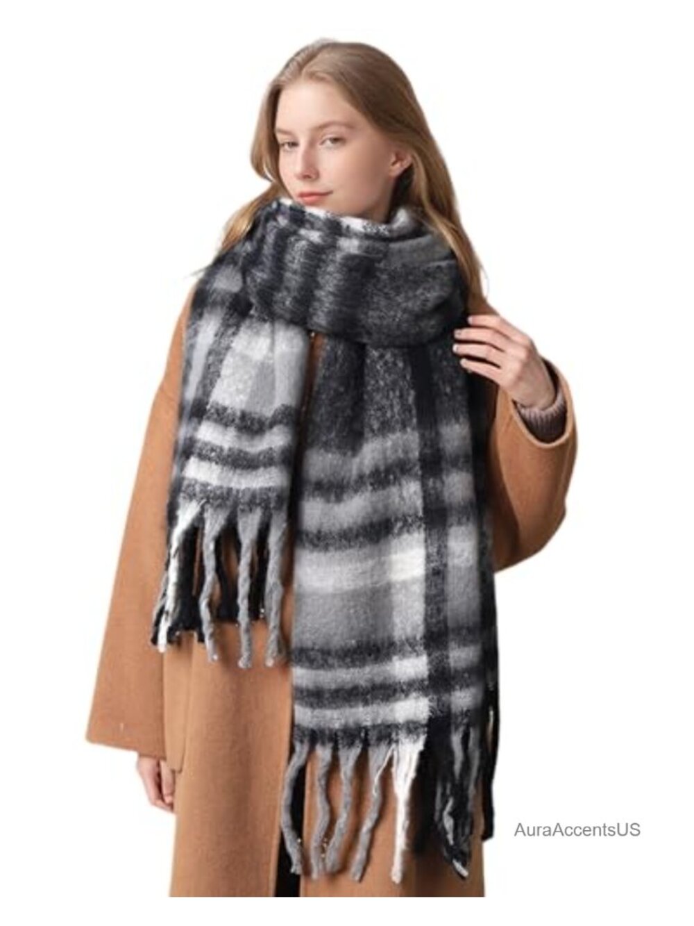 Oversized Plaid Blanket Scarf for Women, Cashmere Feel, Chunky Winter Shawl